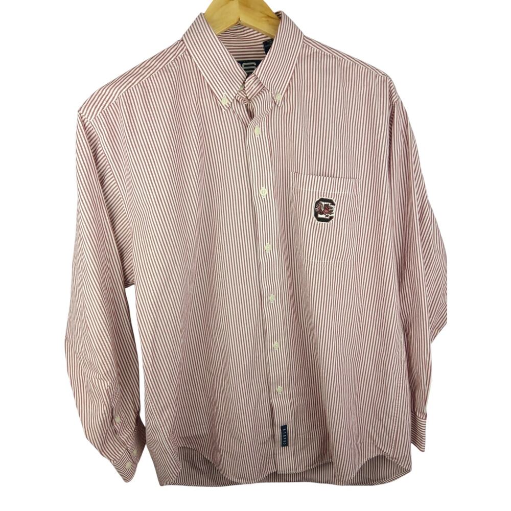 USC Gamecocks Red Stripe Button-Down Shirt with Embroidered Pocket Logo
